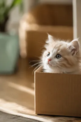 Curious Fluffy Kitten in Cardboard Box