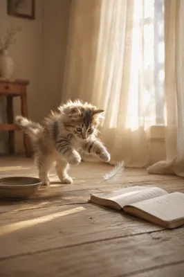 Playful Fluffy Kitten in Morning Cottage Light