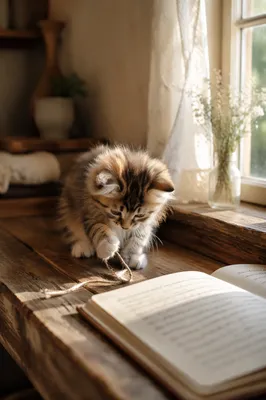 Playful Fluffy Kitten on Wooden Windowsill
