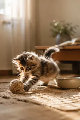Playful Fluffy Kitten in Morning Sunlight