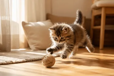 Playful Fluffy Kitten in Morning Sunlight