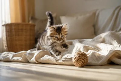 Playful Fluffy Kitten in Morning Sunlight