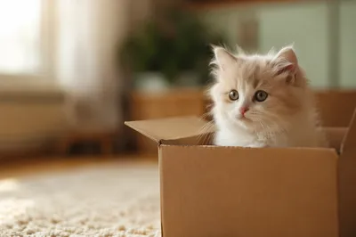 Playful Fluffy Kitten in Cardboard Box