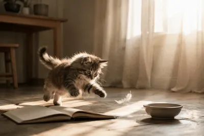 Playful Fluffy Kitten in Morning Cottage Light