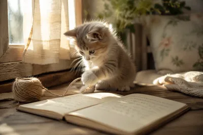 Playful Fluffy Kitten on Wooden Windowsill