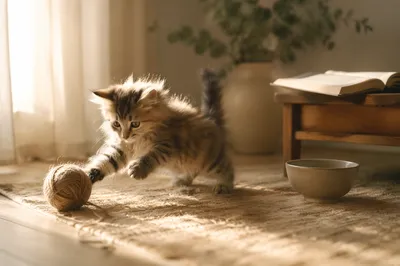 Playful Fluffy Kitten in Morning Sunlight
