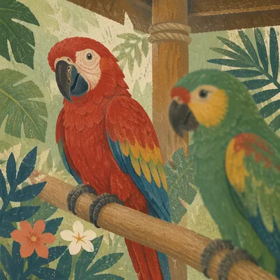 Colorful Tropical Parrots on Wooden Perch