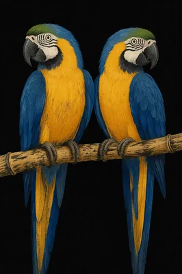 Elegant Colorful Parrots on Bamboo Perch