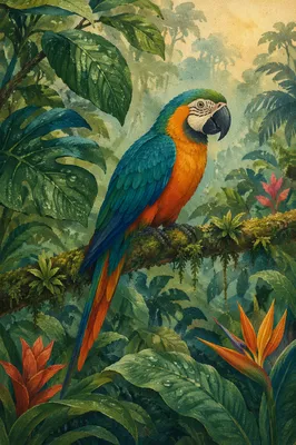 Colorful Tropical Parrot in Rainforest Canopy