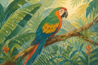 Colorful Tropical Parrot in Morning Garden