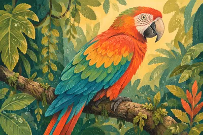 Vibrant Tropical Parrot on Rainforest Branch