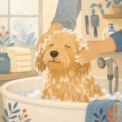 Calm Golden Doodle Spa Bath Closeup