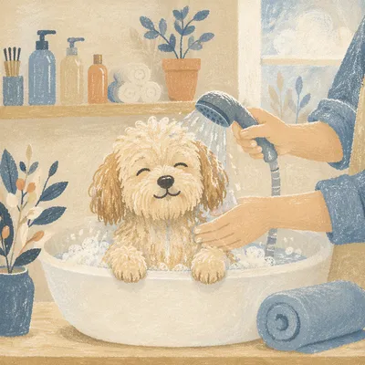 Fluffy Dog Relaxing in Gentle Spa Bath