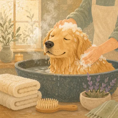 Golden Retriever Spa Bath in Cozy Grooming Studio