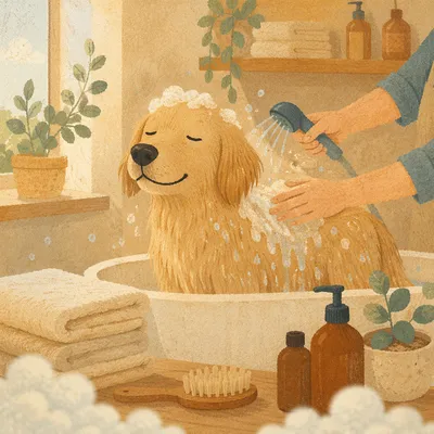 Golden Retriever Spa Bath in Cozy Grooming Studio