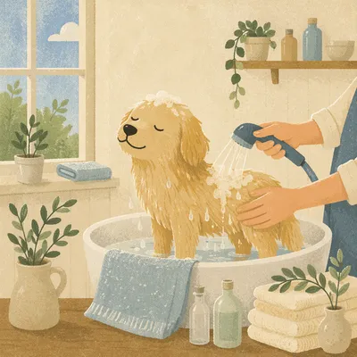 Golden Dog Enjoying Serene Spa Bath