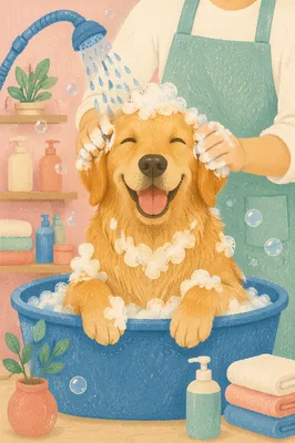 Golden Retriever Spa Bath in Grooming Studio