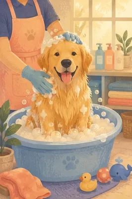 Cheerful Golden Retriever Dog Spa Bath