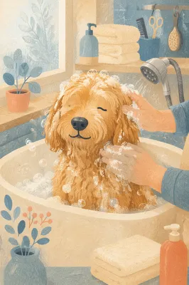 Calm Golden Doodle Spa Bath Close-Up