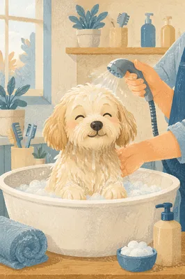 Fluffy Dog Relaxing in Gentle Spa Bath