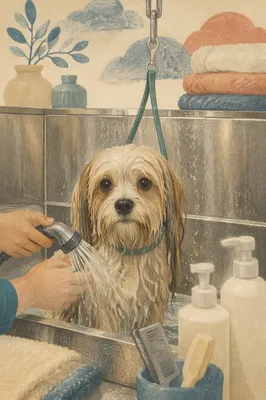 Calm Long-Haired Dog at Grooming Bath