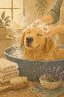 Golden Retriever Spa Bath in Warm Light