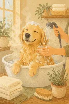 Golden Dog Enjoying Gentle Grooming Spa Bath