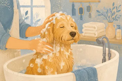Calm Golden Doodle Spa Bath Close-Up