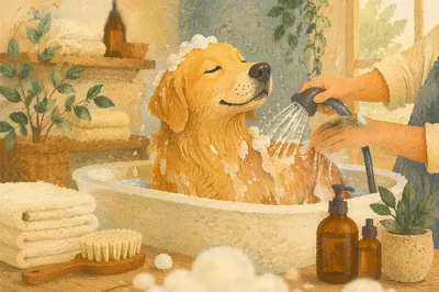 Golden Retriever Spa Bath in Cozy Grooming Studio
