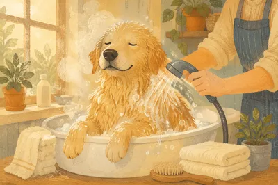 Golden Dog Enjoying Gentle Spa Bath