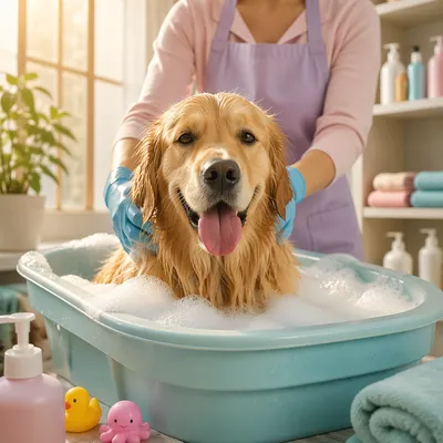 Cheerful Golden Retriever Dog Spa Bath