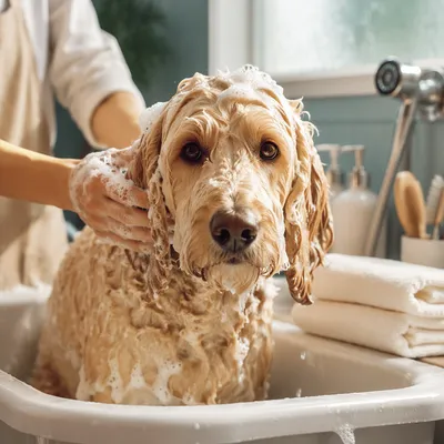 Calm Golden Doodle Spa Bath Close-Up