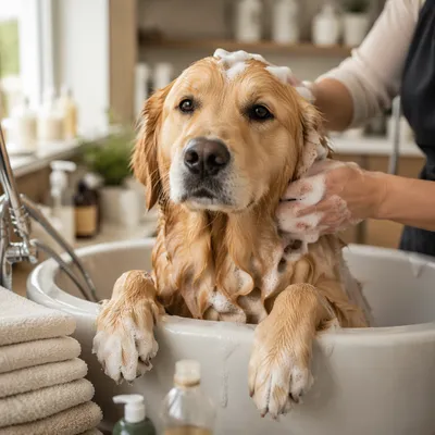 Golden Retriever Relaxing in Pet Spa Bath