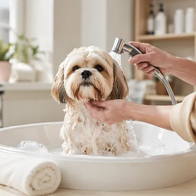 Fluffy Dog Relaxing in Grooming Spa Bath