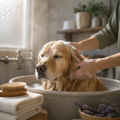 Golden Retriever Spa Bath in Cozy Grooming Studio