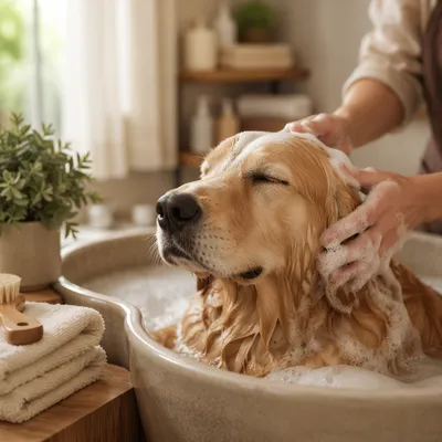 Golden Retriever Spa Bath in Cozy Grooming Room
