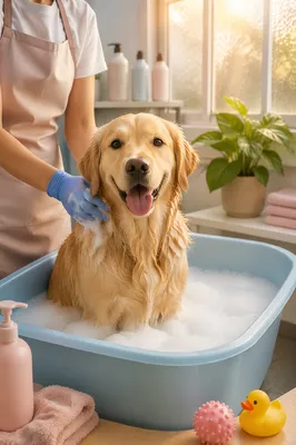 Golden Retriever Enjoying Cozy Spa Bath