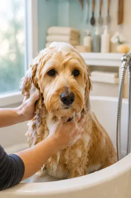 Calm Golden Doodle Dog Spa Bath