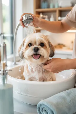 Fluffy Dog Enjoying Gentle Spa Bath