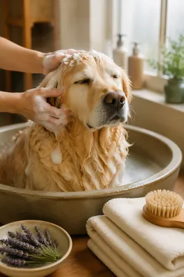 Golden Retriever Spa Bath in Grooming Studio
