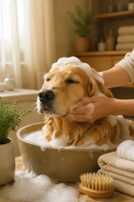 Golden Retriever Spa Bath with Gentle Grooming