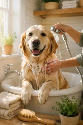 Golden Dog Enjoying Gentle Spa Bath