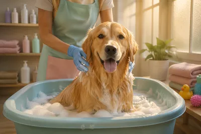 Cheerful Golden Retriever Dog Spa Bath