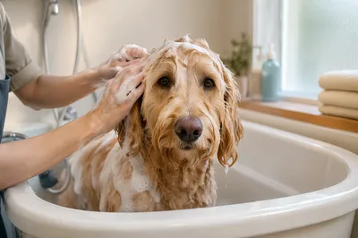 Calm Golden Doodle Spa Bath Close-Up