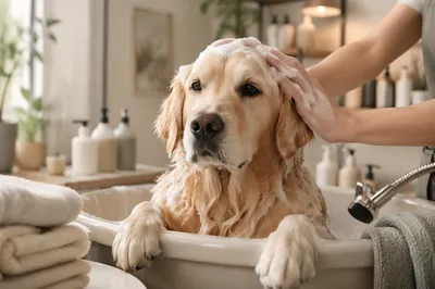 Calm Golden Retriever Spa Bath Close-Up