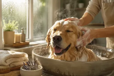 Golden Retriever Spa Bath in Warm Light