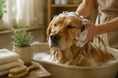 Golden Retriever Spa Bath in Cozy Grooming Room