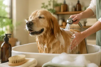 Golden Retriever Spa Bath in Cozy Grooming Studio