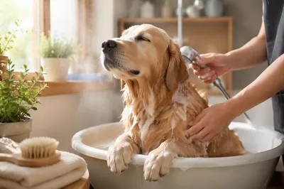 Golden Dog Enjoying Gentle Spa Bath