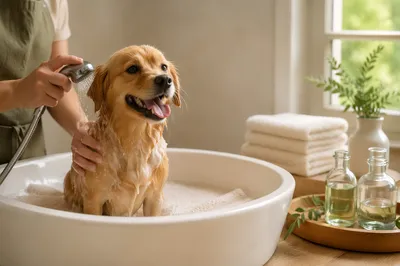 Golden Dog Enjoying Serene Spa Bath